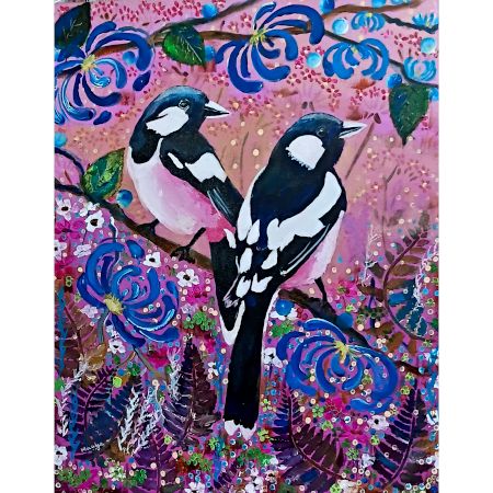 Magpies Among Magnolia Blossoms Canvas Painting by Artist Dr. Maya Subramoni 20 x 16 Inches